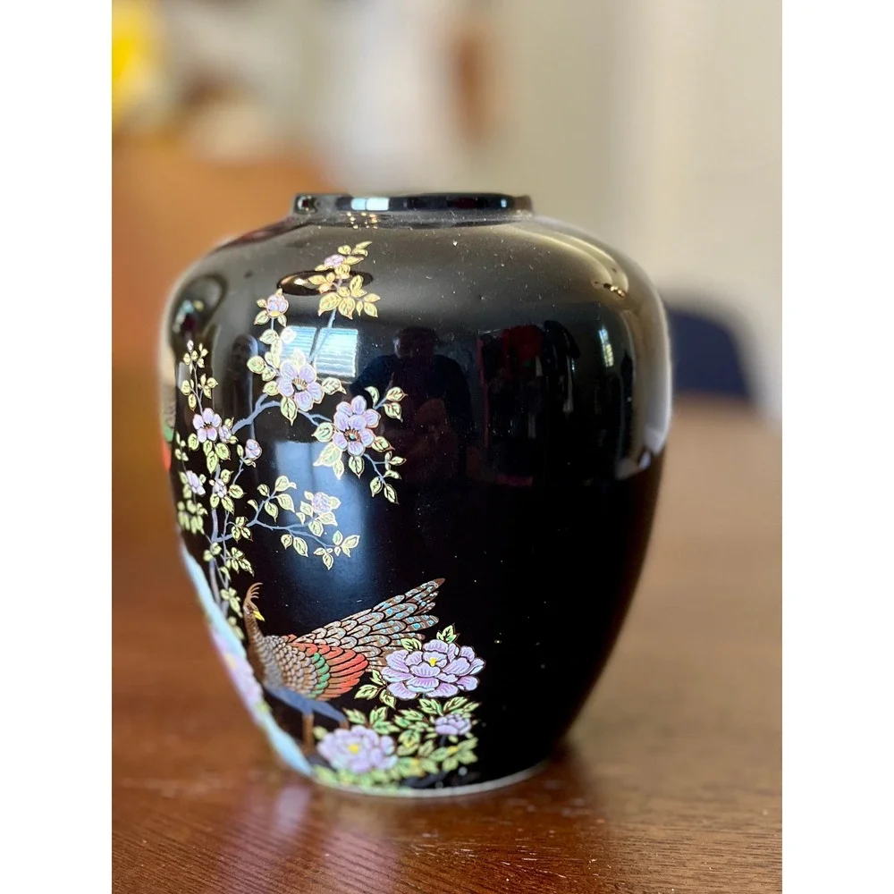 Asahi Ceramic Peacock Vase Unisex OS Black Excellent Vintage Gold Gilt Floral